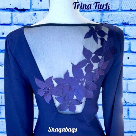 TRINA TURK NWT ENGAGING BELL SLEEVE MESH EMBROIDERY BACK SHEATH DRESS PURPLE 4 - Picture 7 of 12